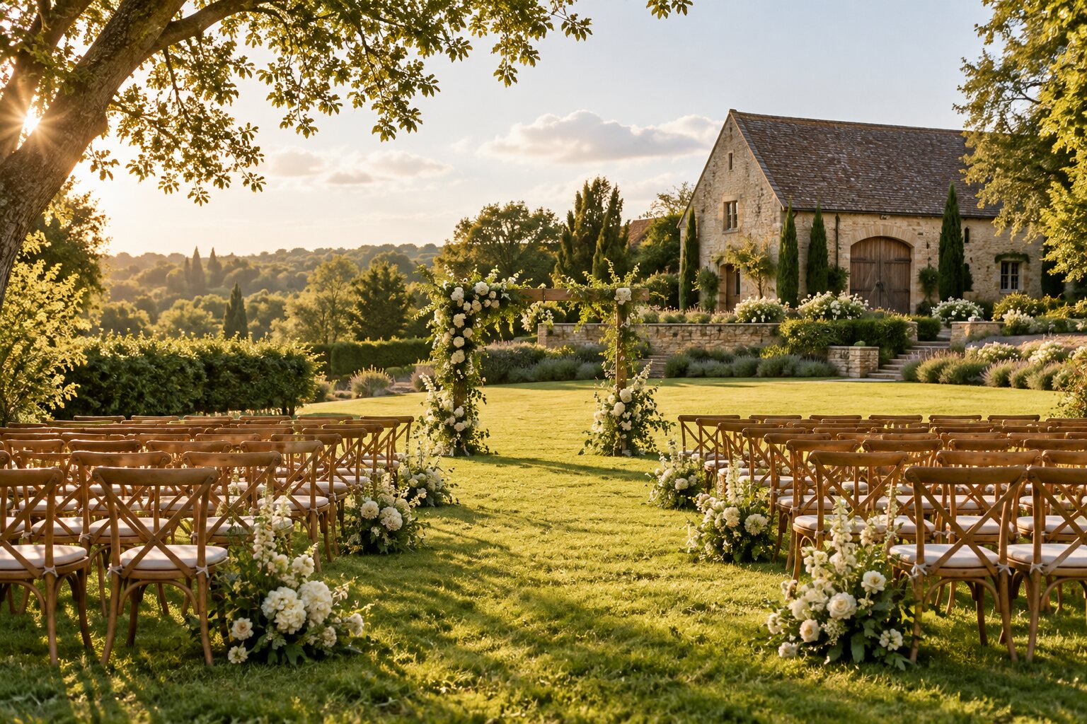 Illustrative garden wedding setting with a countryside estate, ceremony chairs and flowers